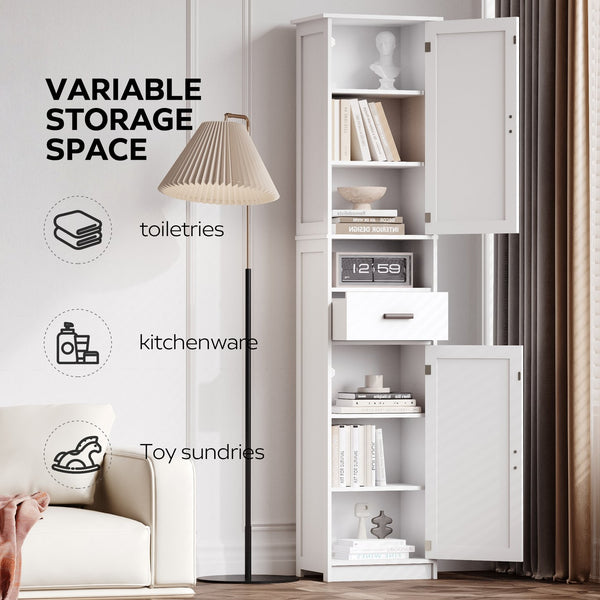 English Elm 69" Tall Bathroom Storage Cabinet with Barn Doors and Drawer, Slim 7-Shelf Floor Unit for Small Spaces White W3457P336681