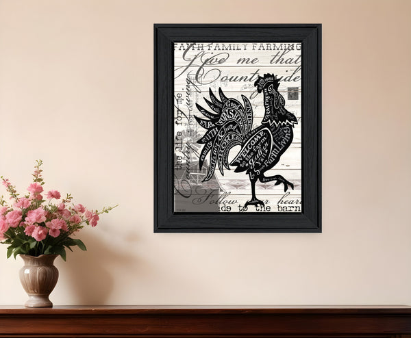 Homeroots Welcome To The Farm Chicken Wall Art - Black Framed Rustic Decor For Modern Farmhouse Style  Wood 529771