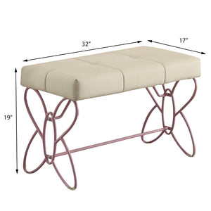 English Elm White Butterfly Tufted Bench in White Faux Leather with Light Pink Finish, Armless, Comfortable Seat B062P208996