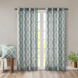 JLA Home Madison Park - Fretwork Metallic Fret Print Curtain Panel with Gunmetal Grommets — Textured Cotton-Blend Light Filter Seafoam/White MP40-2403