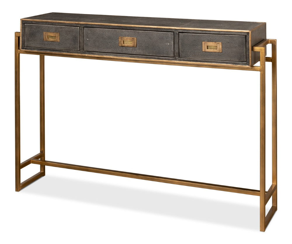 Sarreid Shagreen Gold & Gray Console Table - Elegant 3-drawer Design In Antique Gold & Grey Leather Finish   52982