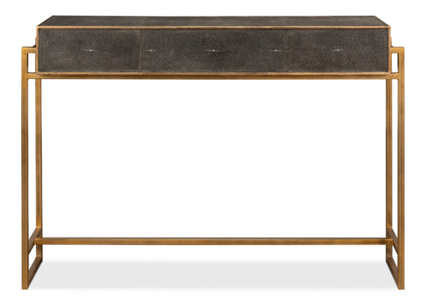 Sarreid Shagreen Gold & Gray Console Table - Elegant 3-drawer Design In Antique Gold & Grey Leather Finish   52982