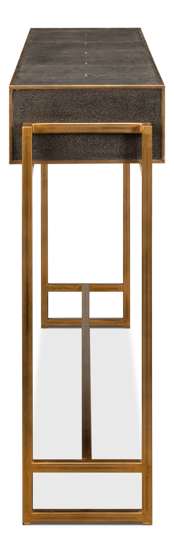 Sarreid Shagreen Gold & Gray Console Table - Elegant 3-drawer Design In Antique Gold & Grey Leather Finish   52982