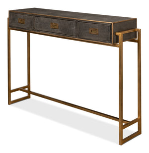 Sarreid Shagreen Gold & Gray Console Table - Elegant 3-drawer Design In Antique Gold & Grey Leather Finish   52982