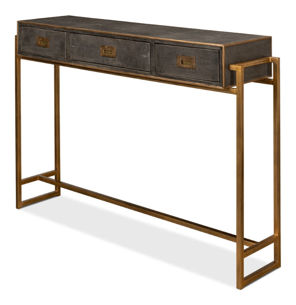 Sarreid Shagreen Gold & Gray Console Table - Elegant 3-drawer Design In Antique Gold & Grey Leather Finish   52982