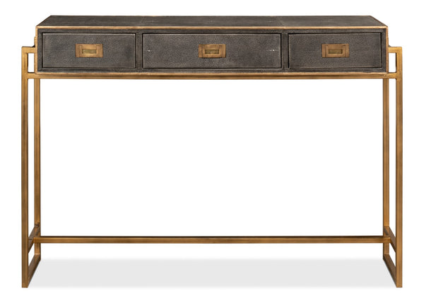 Sarreid Shagreen Gold & Gray Console Table - Elegant 3-drawer Design In Antique Gold & Grey Leather Finish   52982