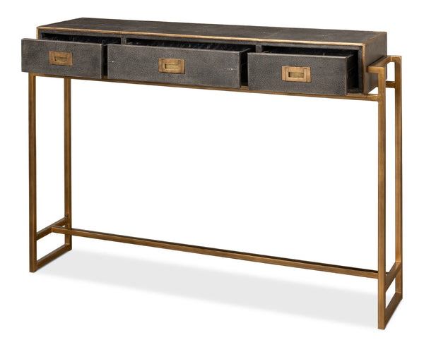 Sarreid Shagreen Gold & Gray Console Table - Elegant 3-drawer Design In Antique Gold & Grey Leather Finish   52982