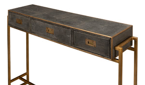 Sarreid Shagreen Gold & Gray Console Table - Elegant 3-drawer Design In Antique Gold & Grey Leather Finish   52982