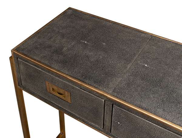 Sarreid Shagreen Gold & Gray Console Table - Elegant 3-drawer Design In Antique Gold & Grey Leather Finish   52982