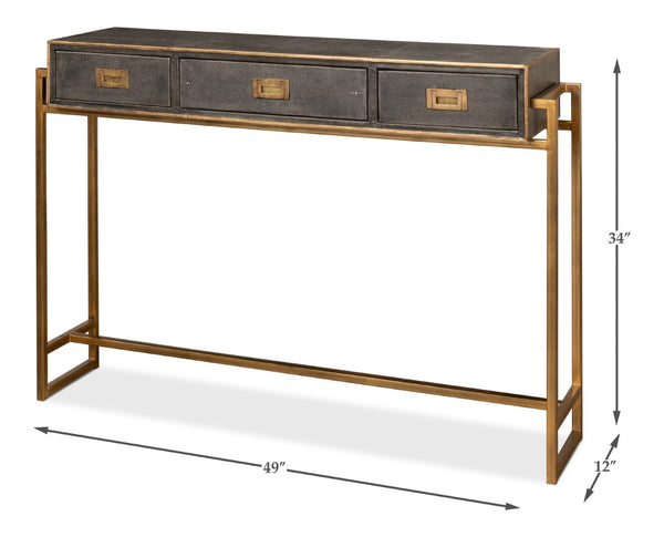 Sarreid Shagreen Gold & Gray Console Table - Elegant 3-drawer Design In Antique Gold & Grey Leather Finish   52982