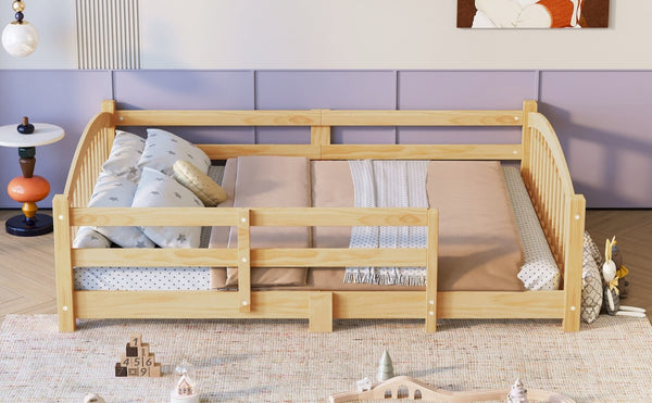 English Elm Full Montessori Pine Wood Floor Bed with Safety Rails Low Profile Kids Room Frame Natural N733P400299N