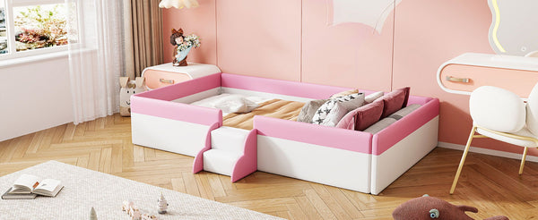 English Elm Twin Kids Platform Daybed with Fence Rail and Staircase Pu Upholstered Frame SF000153AAH-1