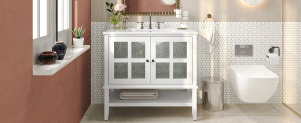 English Elm Christopher Knight Home® - 36" Bathroom Vanity with Ceramic Sink, Solid Wood Legs, Waterproof Finish, Soft-Close Hinges, Open Shelf, Silver Knobs White N817P286249W
