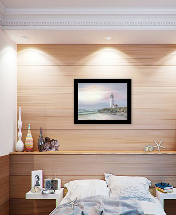 Homeroots Lighthouse At Sunset Framed Print Wall Art - Rustic Home Decor For A Modern Farmhouse Vibe Black Wood 529941