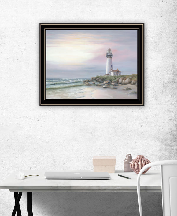 Homeroots Lighthouse At Sunset Framed Print Wall Art - Rustic Home Decor For A Modern Farmhouse Vibe Black And Gold Wood 529942