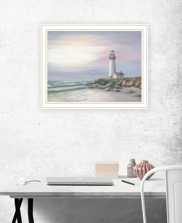 Homeroots Lighthouse At Sunset Framed Print Wall Art - Rustic Home Decor For A Modern Farmhouse Vibe White Wood 529943