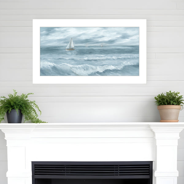 Homeroots Three Sailboats White Framed Print Wall Art  Wood 529948