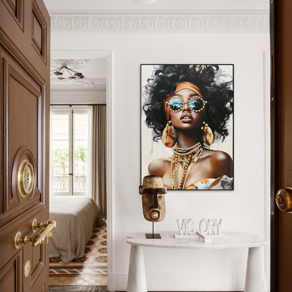 English Elm African African American Woman Canvas Wall Art Curly Hair Sunglasses Orange Headwrap Earrings Chic Afrocentric Decor for Living Room Bedroom Office W3374P322229