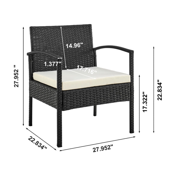 English Elm Noli Outdoor 3-Piece Conversation Set with Removable Washable Cushions and Tempered Glass Table - Weatherproof Steel Rattan Frame Black+Cream B365P398235