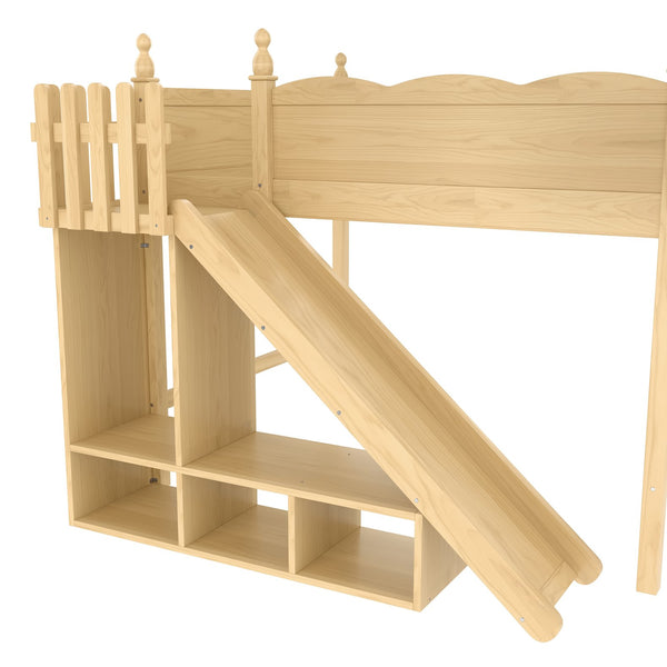 English Elm Full Loft Bed With Fun Slide, Storage Shelves, Solid Wood Design For Kids' Cozy Room Setup W1580S00247