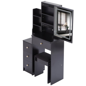 English Elm 29.2" Compact Vanity Set With Led Mirror, Cushioned Stool & Ample Storage For Small Spaces W936P202365