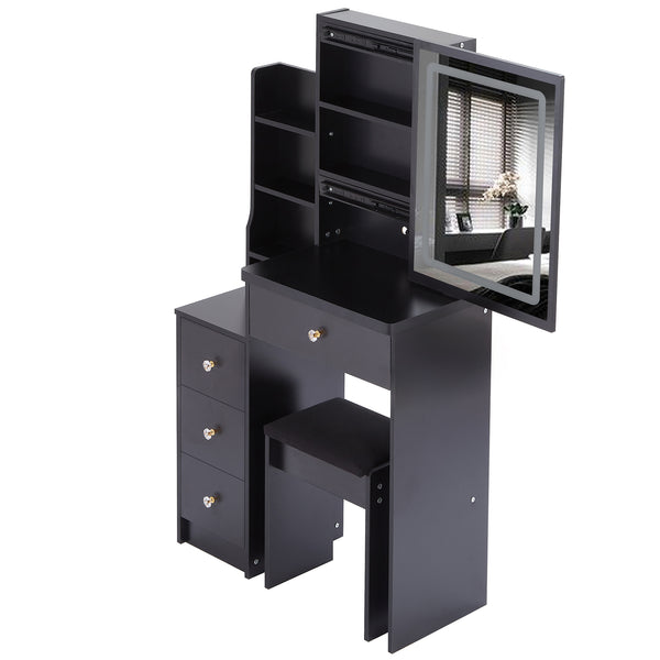 English Elm 29.2" Compact Vanity Set With Led Mirror, Cushioned Stool & Ample Storage For Small Spaces W936P202365