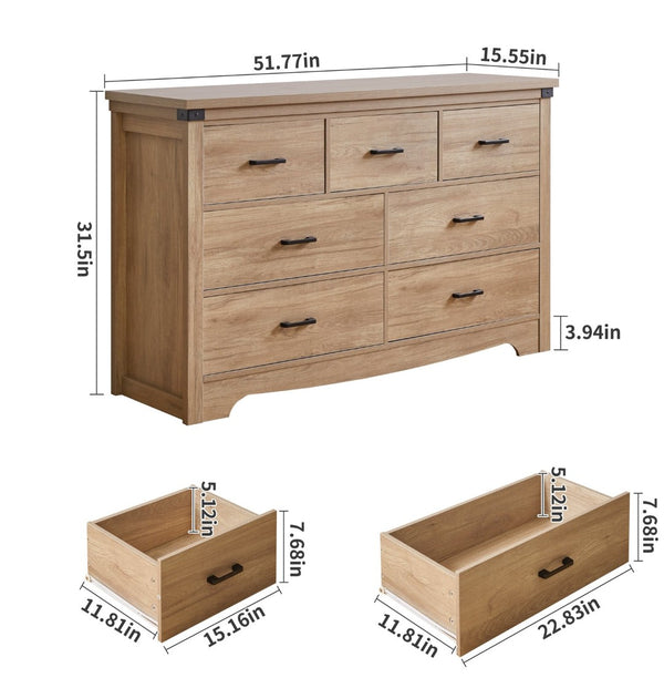 English Elm Farmhouse Seven Drawer Oak Tone Dresser Low Profile Rustic Storage for Bedroom Entryway W5368P460474