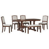 English Elm 6-Piece Dining Table Set, 60Inch To 78Inch Extendable Wood Dining Table With Removable Leaf, Kitchen Table Set With 4 Upholstered Side Chair and Bench, Dining Table Set For 6 (Cherry)