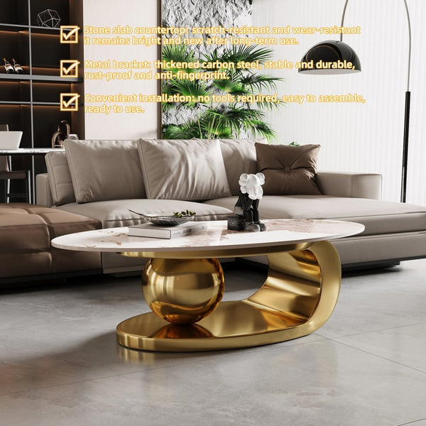 English Elm Gold Pedestal Coffee Table with Sintered Stone Marble Top for Modern Living Rooms W3985S00020