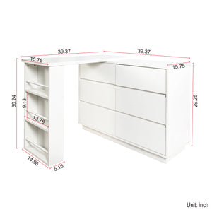 English Elm L-Shaped Adjustable Desk and Vanity Combo with 6 Drawers, Expandable Top, Triple Shelves for Office Makeup W331P286247