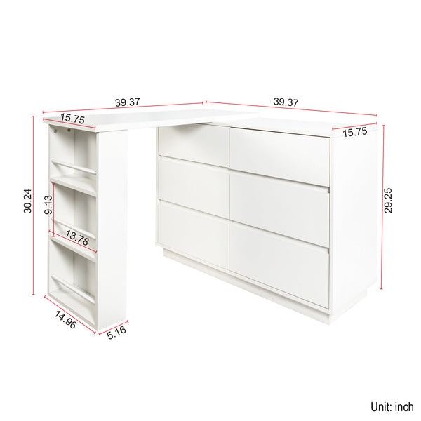 English Elm L-Shaped Adjustable Desk and Vanity Combo with 6 Drawers, Expandable Top, Triple Shelves for Office Makeup W331P286247