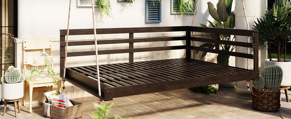 English Elm TOPMAX Acacia Wood Porch Swing Bed with 96" Hemp Ropes, Open-Side Minimalist Patio Lounger, 350lb Capacity Brown N717P265860D