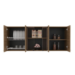 English Elm Superior Modern 150 Wall Cabinet Oak with Glass Doors, 4 Shelves, Dish Rack, Metal Handles, Locking Pin B200P286978