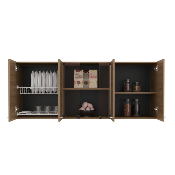 English Elm Superior Modern 150 Wall Cabinet Oak with Glass Doors, 4 Shelves, Dish Rack, Metal Handles, Locking Pin B200P286978
