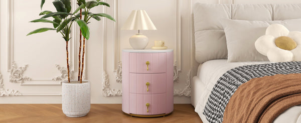 English Elm Upholstered Rounded Nightstand with 3 Spacious Drawers, Marbled Top and Metal Handles, Fully Assembled Pink 24 L x 19.5 W x 18.89 H N733P272609H