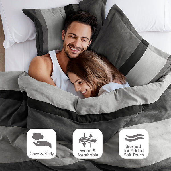 JLA Home Comfort Spaces - Pieced Faux Suede Comforter Set with Transitional Stripes, Lightweight Year-Round Warmth and Plush Loft Black AM10-0028