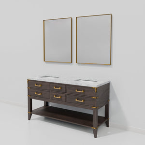 English Elm Brown Oak Double Bath Vanity With Carrara Marble Top & 2 Elegant Mirrors - Stylish Storage Solution B2731S01631