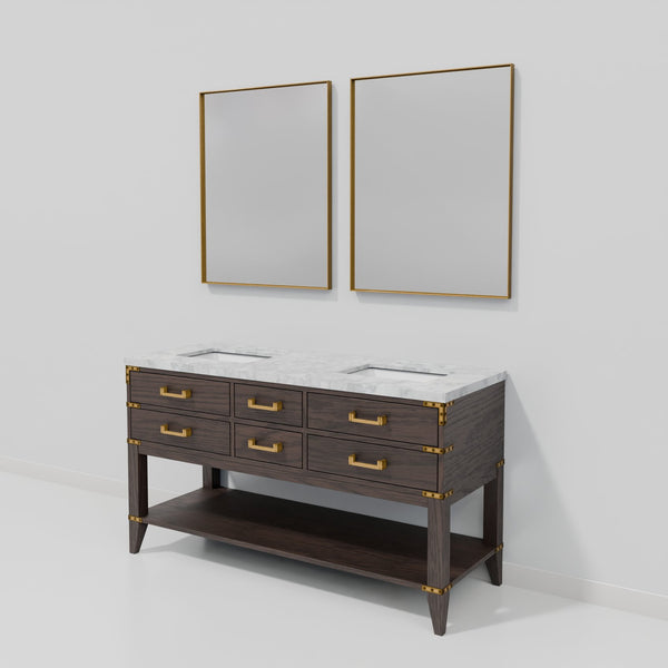 English Elm Brown Oak Double Bath Vanity With Carrara Marble Top & 2 Elegant Mirrors - Stylish Storage Solution B2731S01631