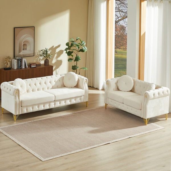 English Elm Velvet Chesterfield Tufted Sofa with Copper Stud Trim and Gold Legs for Glam Living Beige W834S00626
