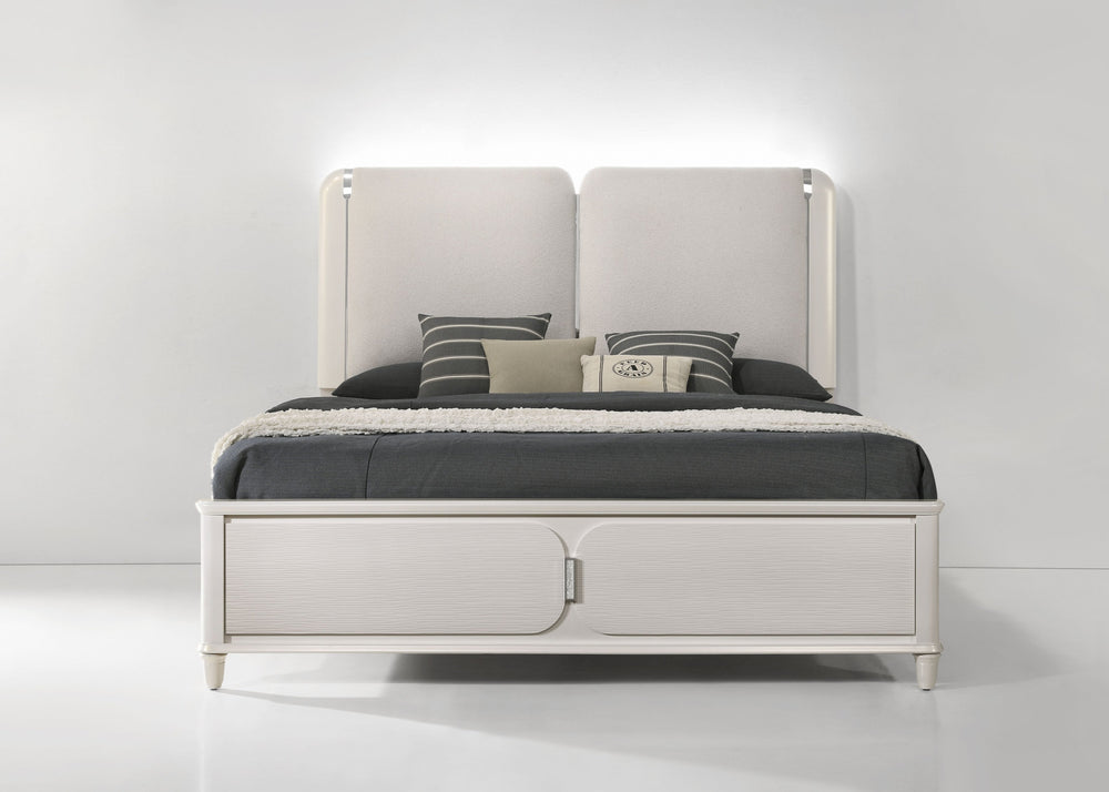 English Elm Laveda Elegant Light Gray Boucle Eastern King Bed With Led Lighting & Sleek Pearl White Accents B2726S00290