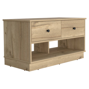 English Elm Tulip Light Oak Storage Bench with Two Drawers and Shelves — Modern Ergonomic Accent for Living Room Beige 40 L x 22 W x 6 H B128P148981
