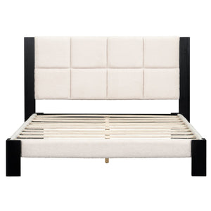 English Elm Christopher Knight Home® - Boucle Queen Upholstered Bed Frame with Square-Stitched Headboard, Beige Fabric & Black Legs - Cozy Platform Design N758Q545253A