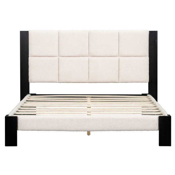 English Elm Christopher Knight Home® - Boucle Queen Upholstered Bed Frame with Square-Stitched Headboard, Beige Fabric & Black Legs - Cozy Platform Design N758Q545253A