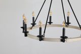 English Elm Rustic Farmhouse 10-Light Candle Chandelier, Black Metal and Wood Round Hanging Light Fixture For Dining Room, Kitchen, Living Room, Adjustable Height, E12 Bulb Base (No Bulbs)