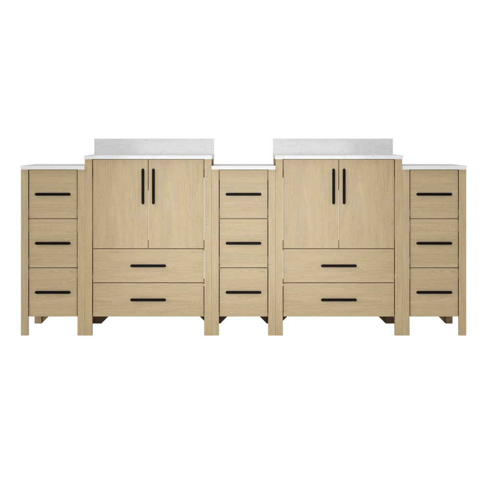 English Elm 108"w×22"d×34"h Freestanding Double Sink Vanity with White Countertop Soft Close T3785S00005
