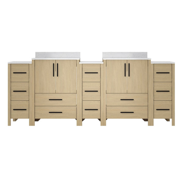 English Elm 108"w×22"d×34"h Freestanding Double Sink Vanity with White Countertop Soft Close T3785S00005
