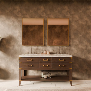 English Elm Brown Oak Double Bath Vanity With Carrara Marble Top & 2 Elegant Mirrors - Stylish Storage Solution B2731S01631