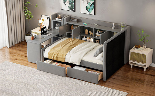 English Elm Twin Upholstered Daybed with Velvet Finish, High Back Shelves, Flip Cabinets, Drawers & Side Table Gray SF000196AAE