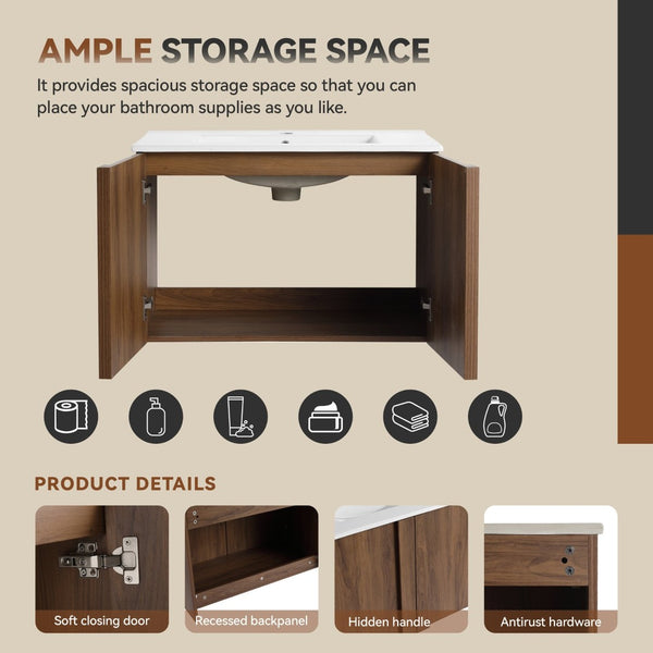 English Elm 30" Floating Bathroom Vanity Dark Oak Cabinet Ceramic Sink Open Shelf Soft Close Brown Ebony,Glossy White W3450P435839