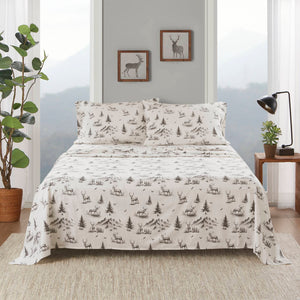 English Elm 4 Pcs King Sheet Set - Cozy Gray Deer Toile Flannel For Ultimate Comfort & Woodland Charm B035P319774